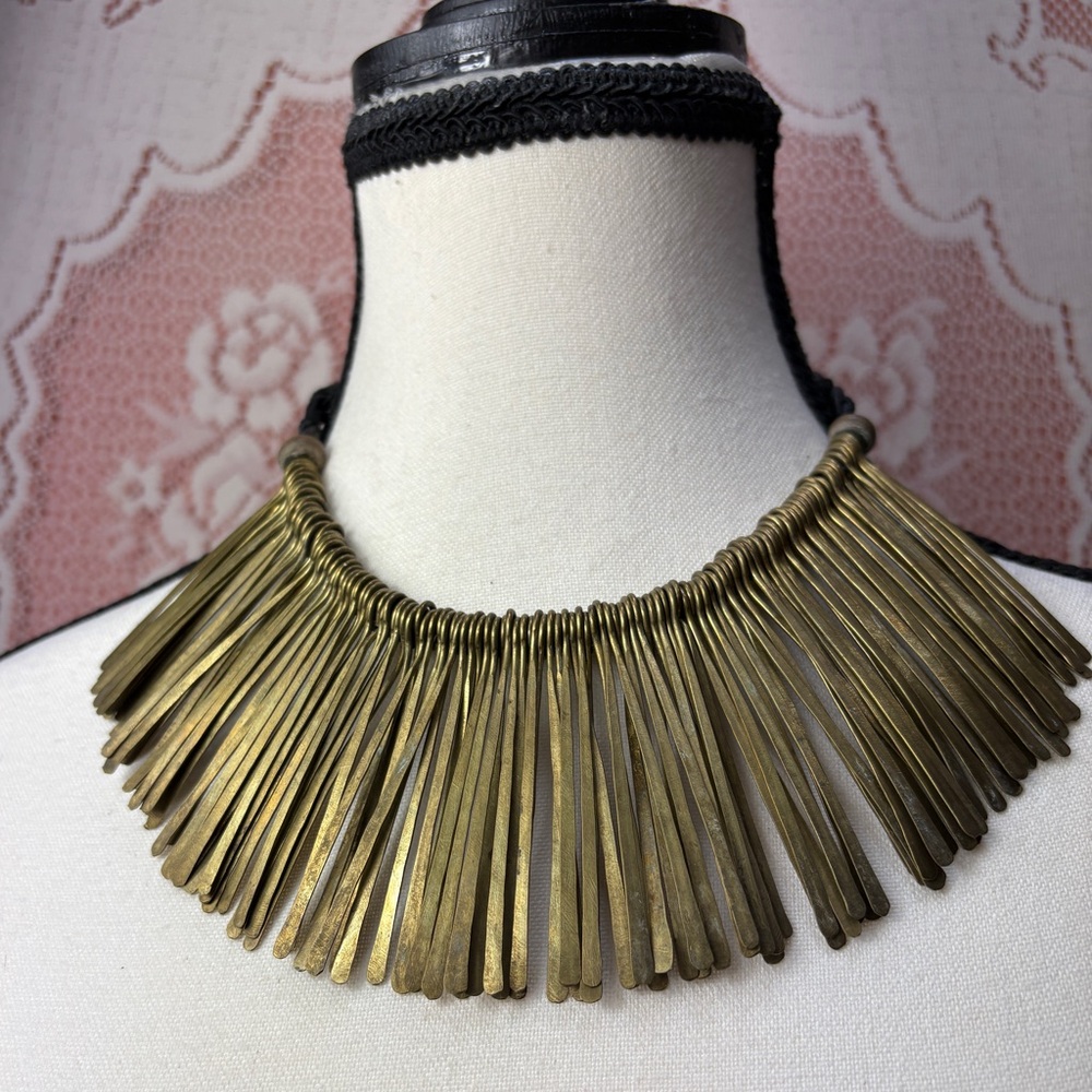 Artisan Brass Fringe Bib Necklace Boho Statement Leather